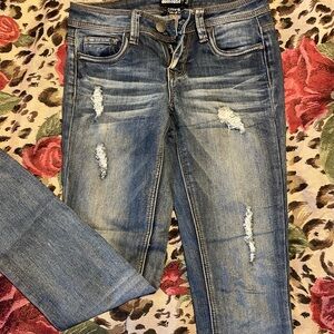 Express Blue Skinny Jeans with Distressed Details